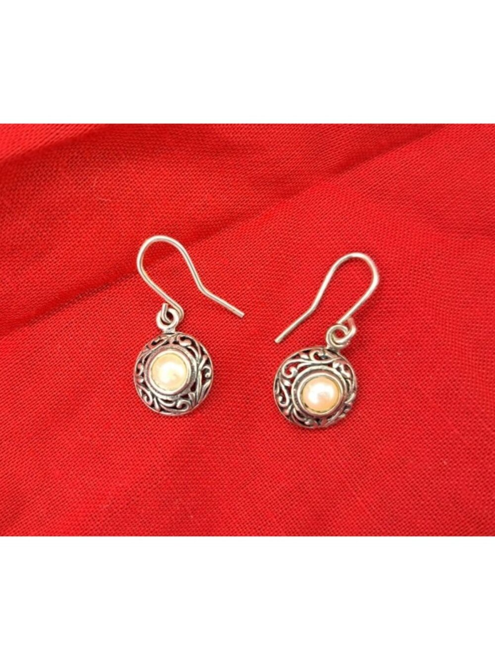 Vintage Sterling Silver Filigree Drop Earrings Round Cabochon 925 Marked JED